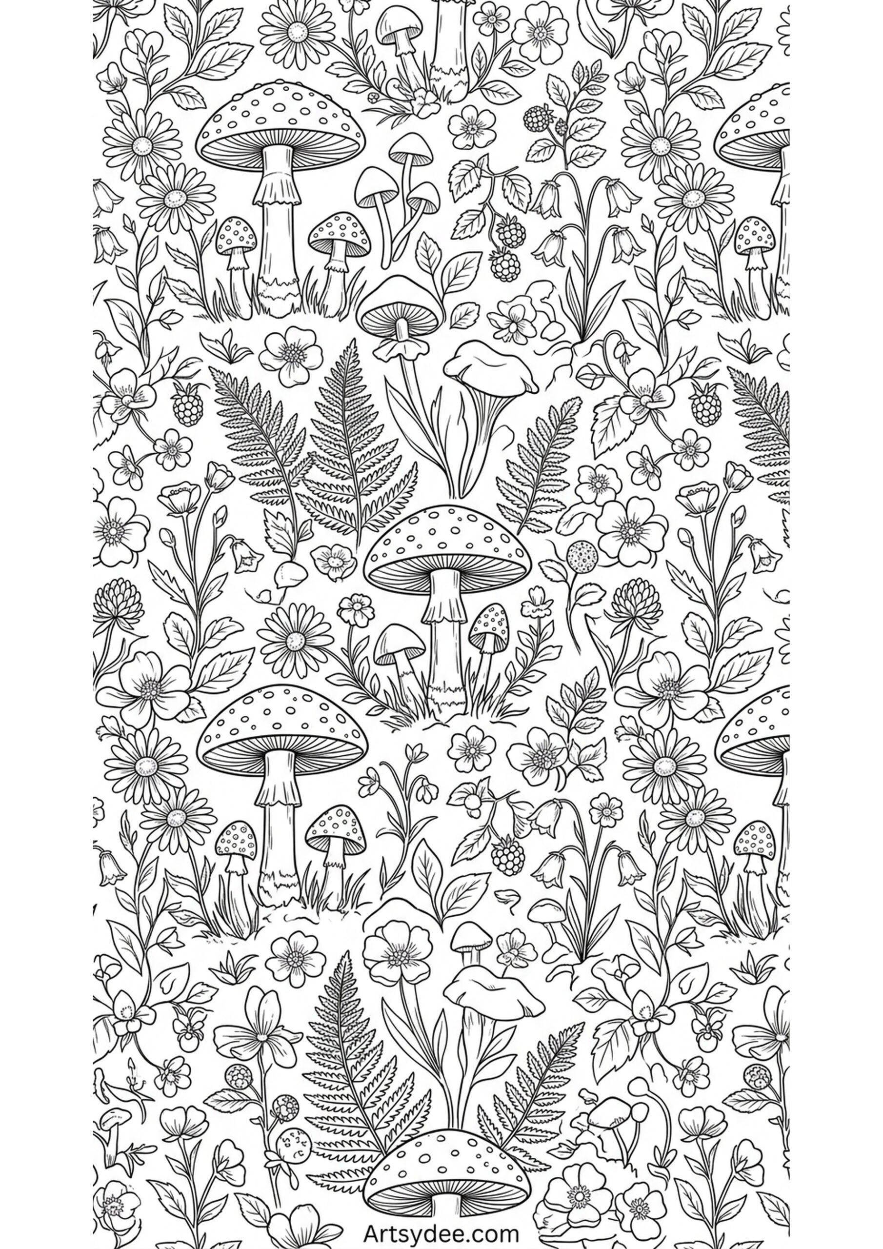 Cottagecore fairy toadstool coloring page printable