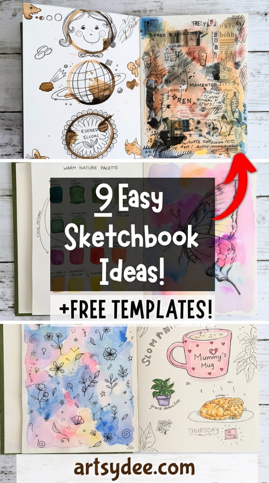 9 easy sketchbook ideas collage pin with sketchbook pages and free templates text overlay