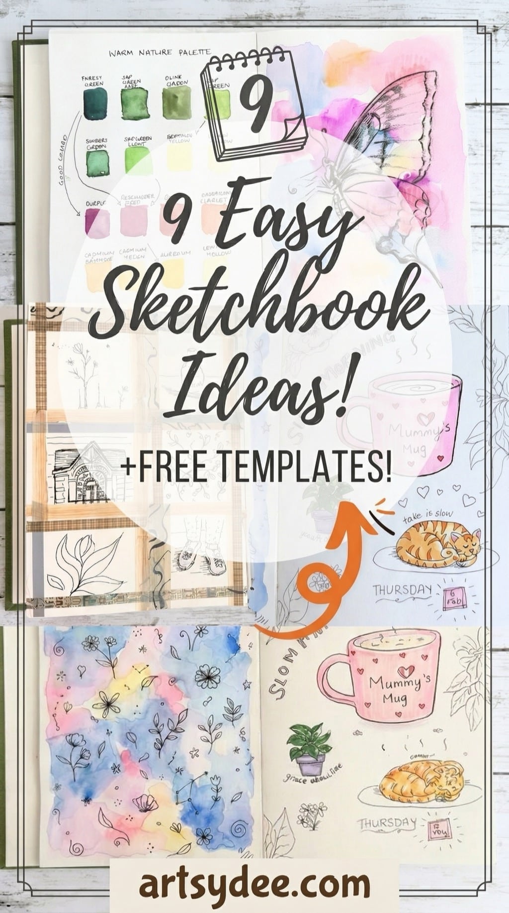 9 easy sketchbook ideas collage with palette page butterfly drawing and cozy tea cup sketches
