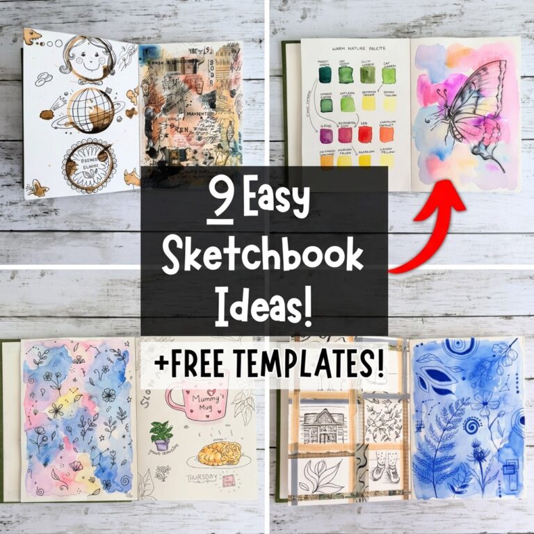 9 easy sketchbook ideas four quadrant photo collage with palette swatches butterfly drawing and botanical pages