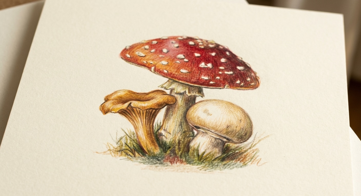 Beautiful coloured pencil drawing of whimsical mushrooms and toadstools on cream paper