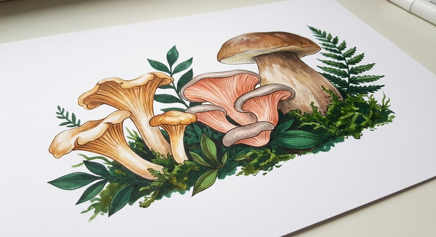 Alcohol marker illustration of botanical mushrooms &mdash; chanterelles, oyster mushrooms, and porcini with rich vibrant colours