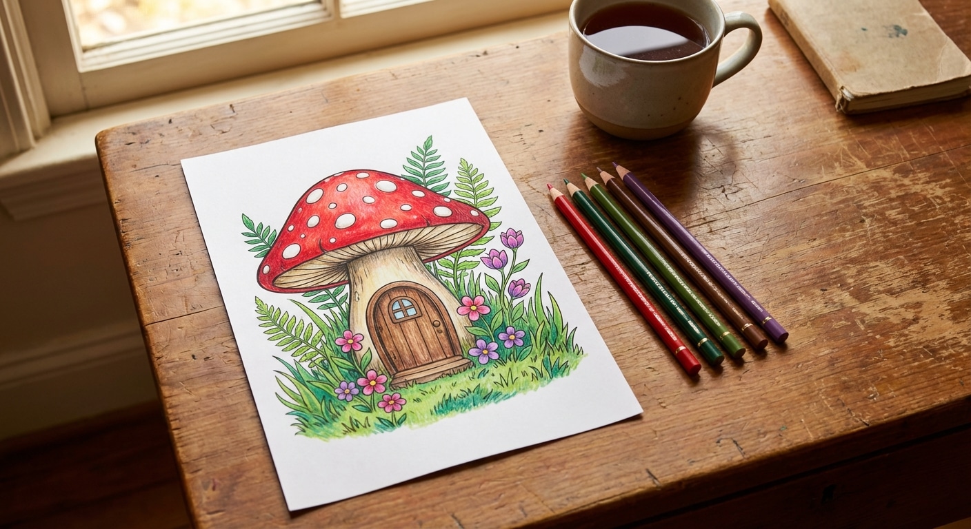 A beautifully coloured-in mushroom coloring page with coloured pencils &mdash; cottagecore cozy flat lay