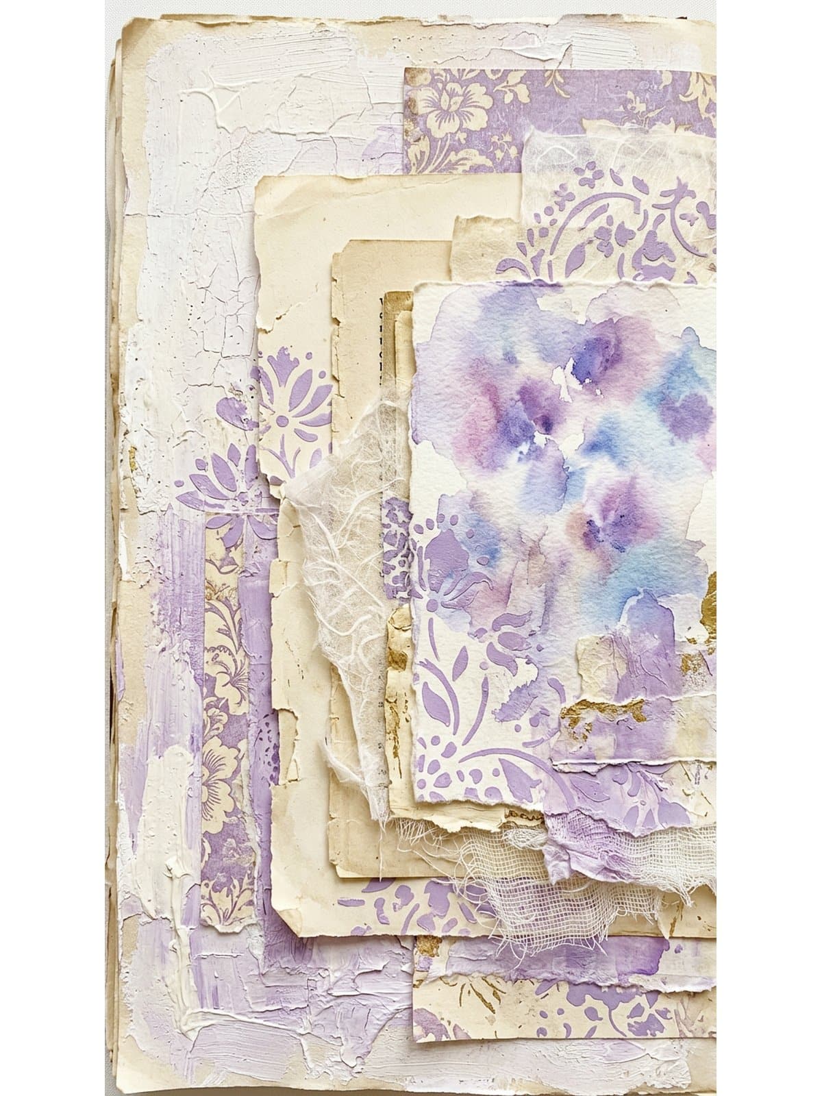 Step by step mixed media junk journal page showing layered collage technique