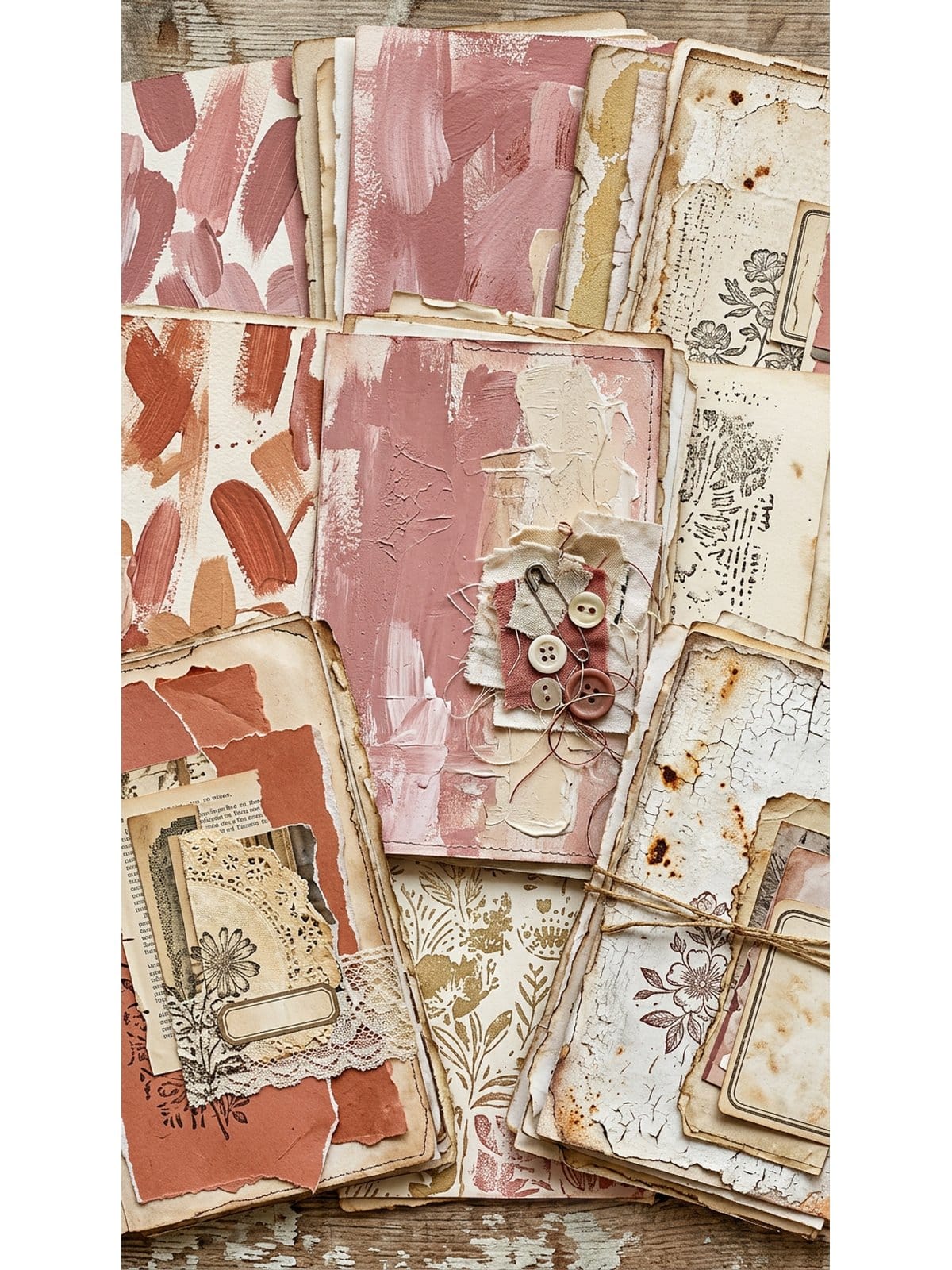Collection of mixed media junk journal page ideas showing variety of styles and techniques
