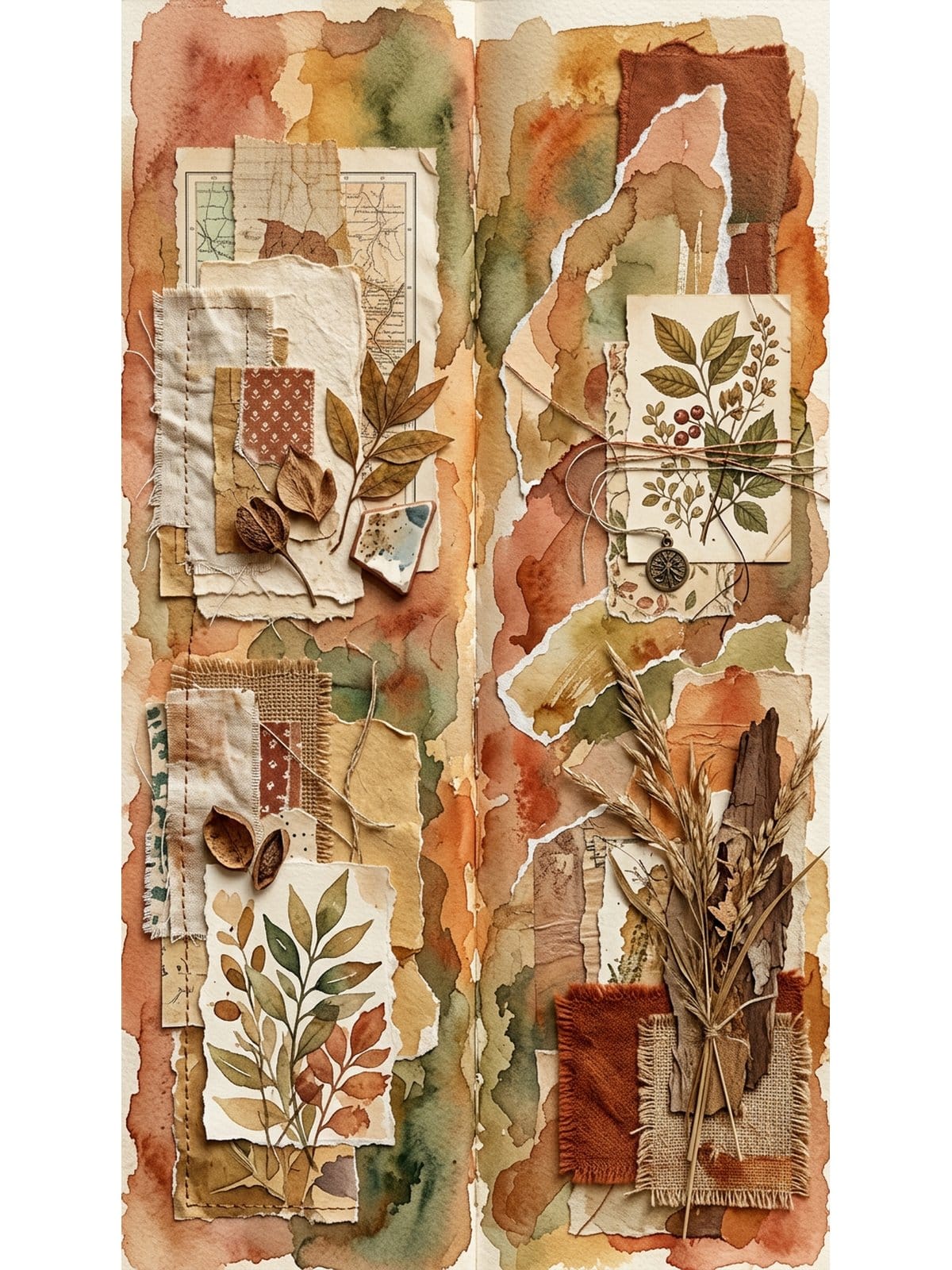 Beginner mixed media art journal page showing watercolour wash, stamping and collage techniques