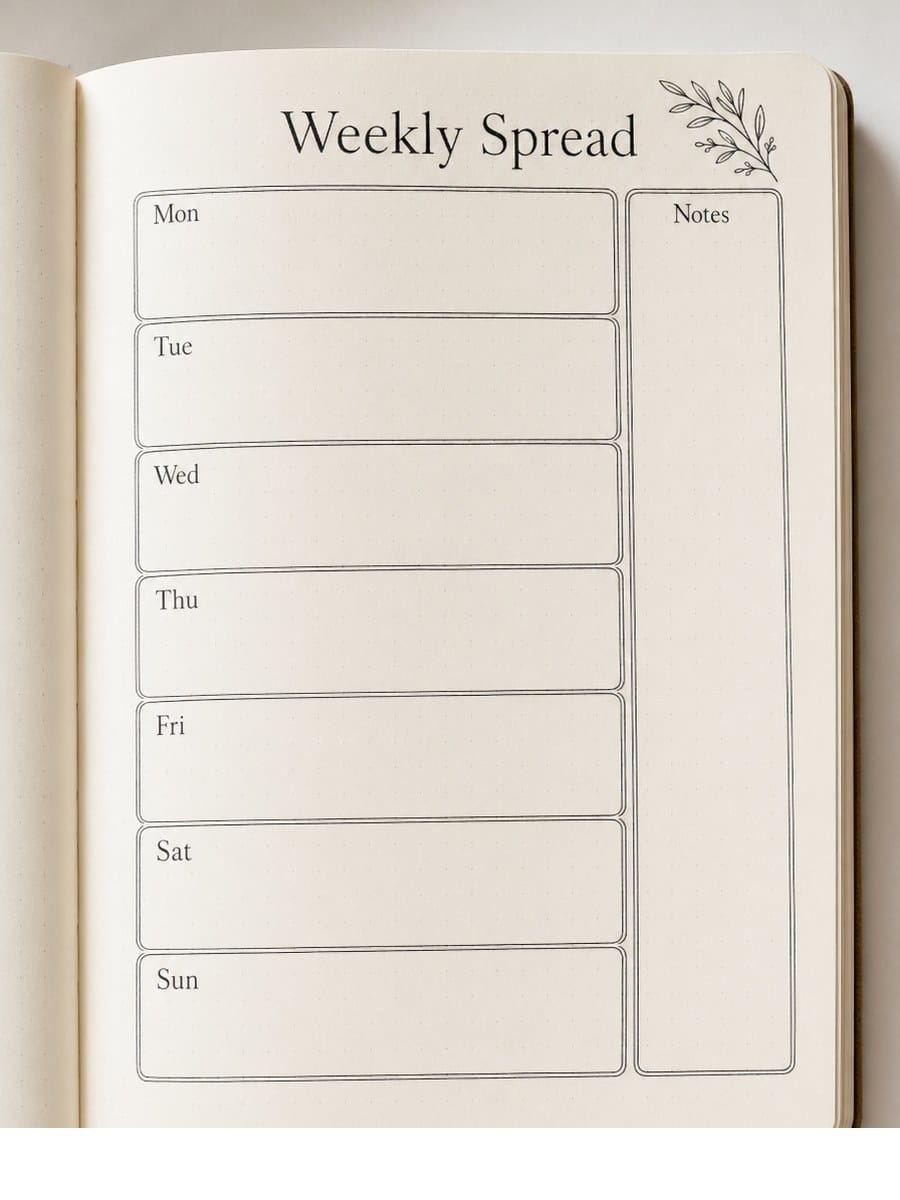 Bullet journal weekly spread hand-drawn on cream paper