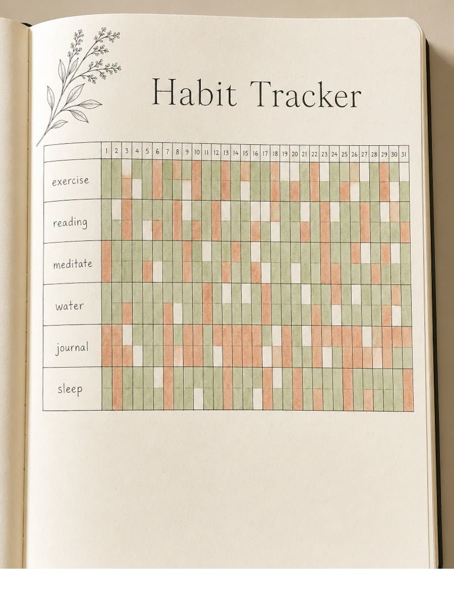 Bullet journal habit tracker hand-drawn on cream paper