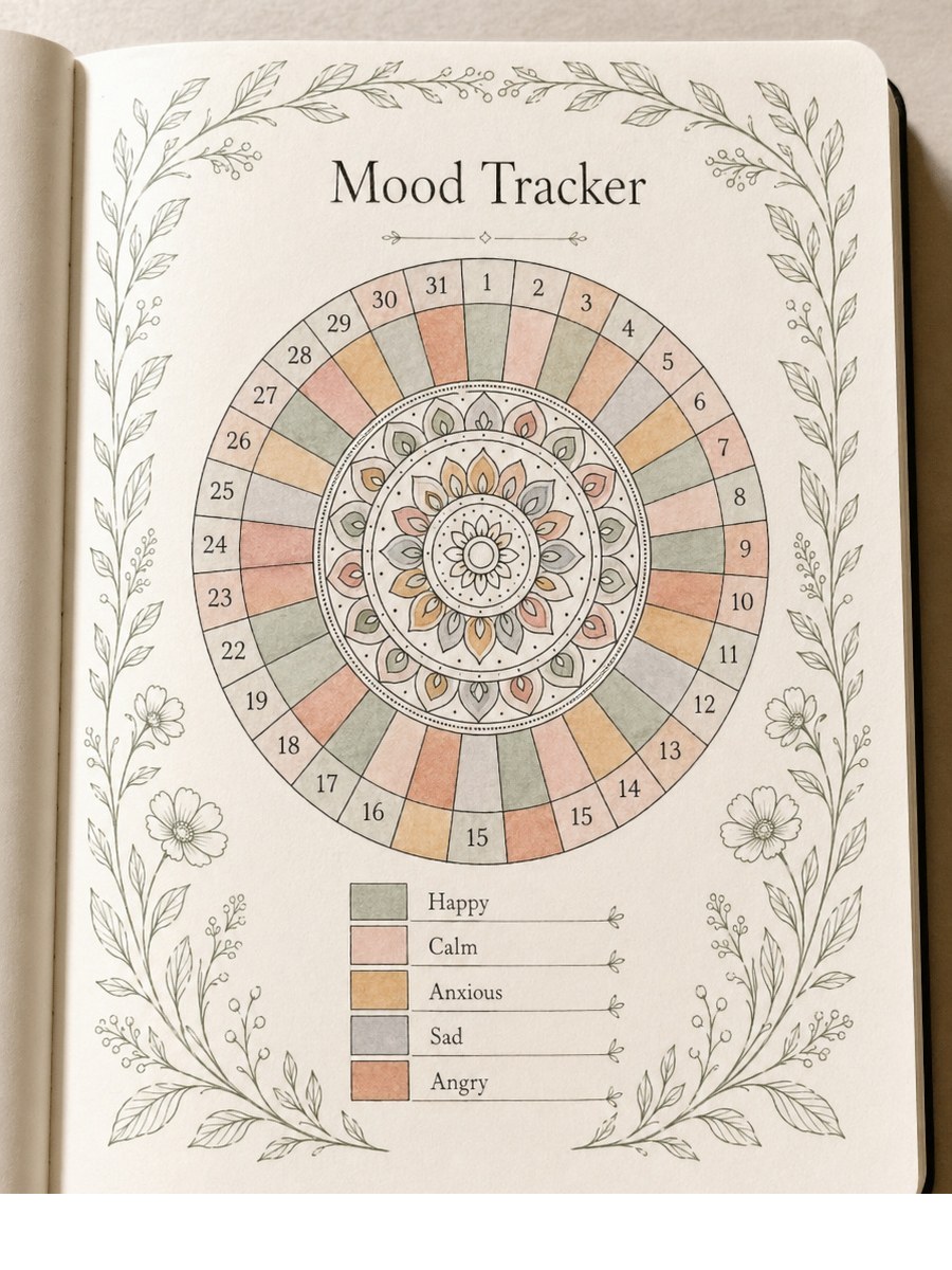 Bullet journal mood tracker hand-drawn on cream paper