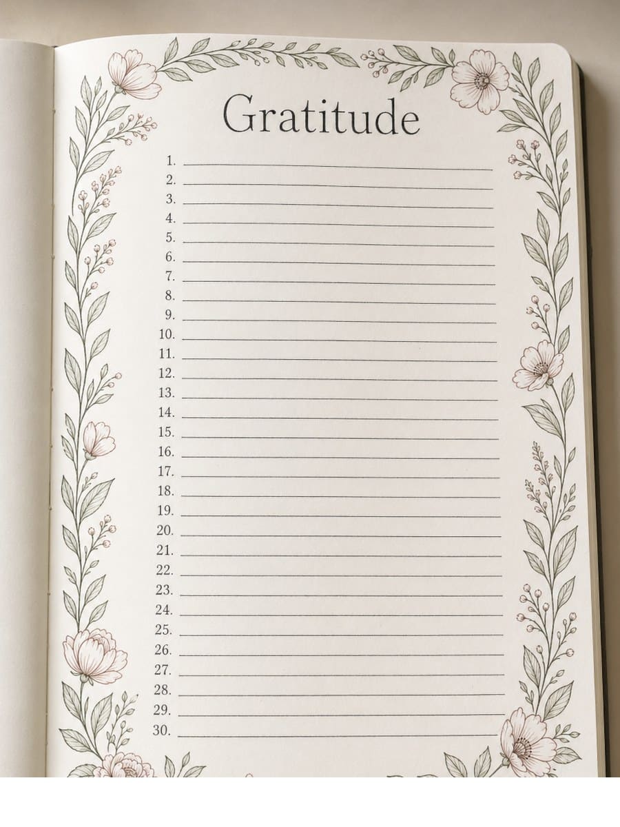Bullet journal gratitude page hand-drawn on cream paper