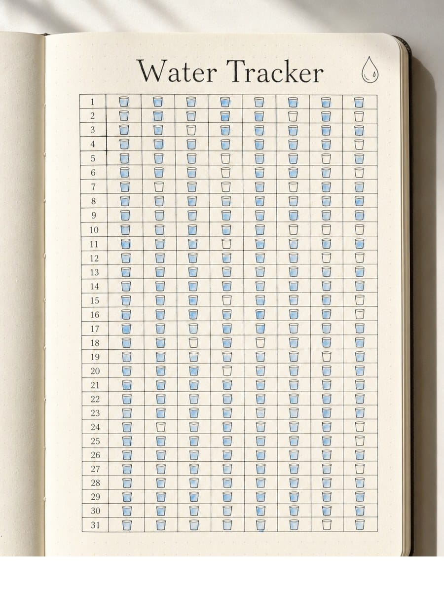 Bullet journal water tracker hand-drawn on cream paper