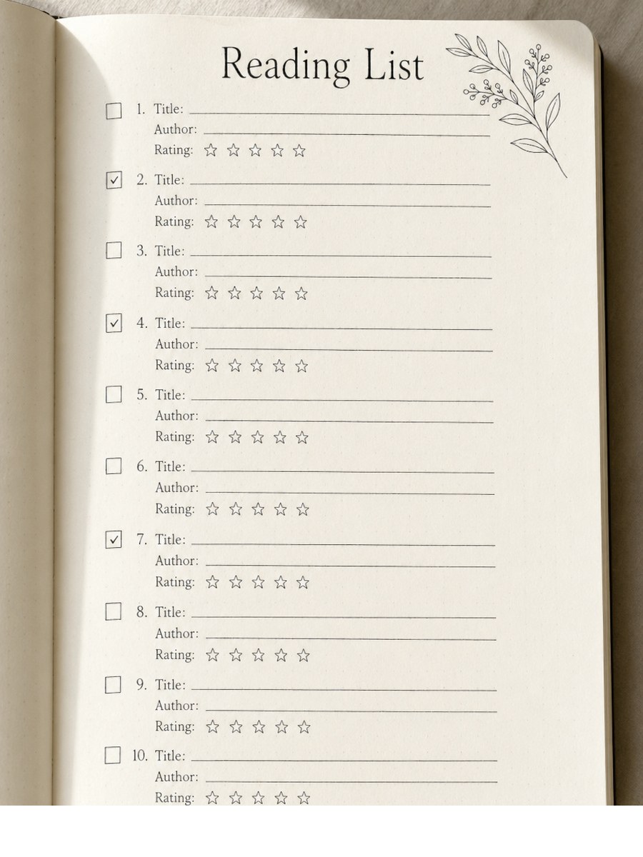 Bullet journal reading list hand-drawn on cream paper