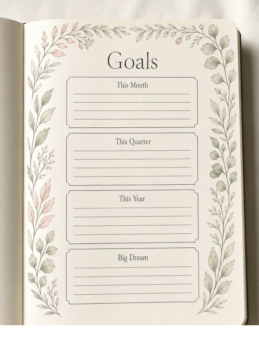Bullet journal goals page hand-drawn on cream paper