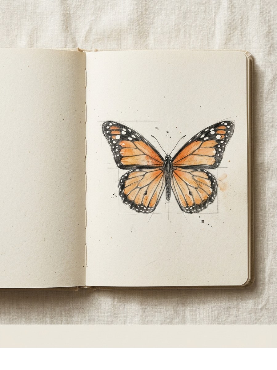 Monarch drawing on cream sketchbook paper