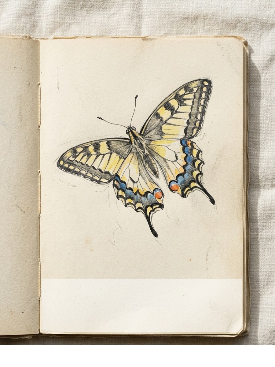 Swallowtail drawing on cream sketchbook paper