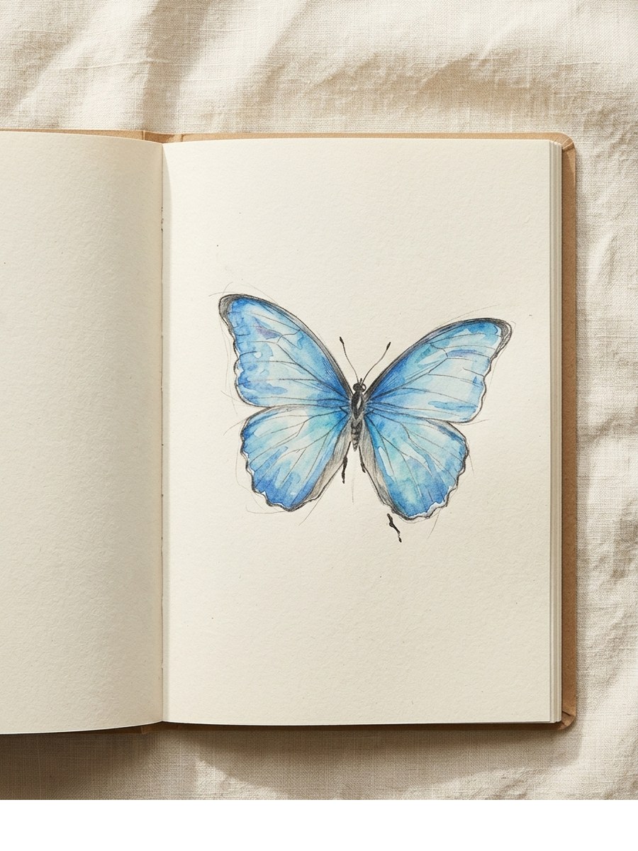 Blue Morpho drawing on cream sketchbook paper