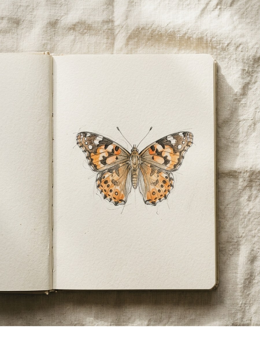 Painted Lady drawing on cream sketchbook paper