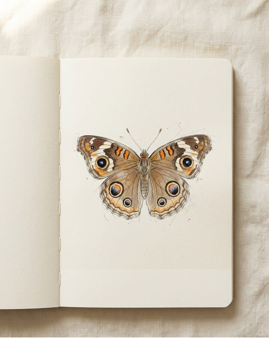 Common Buckeye drawing on cream sketchbook paper