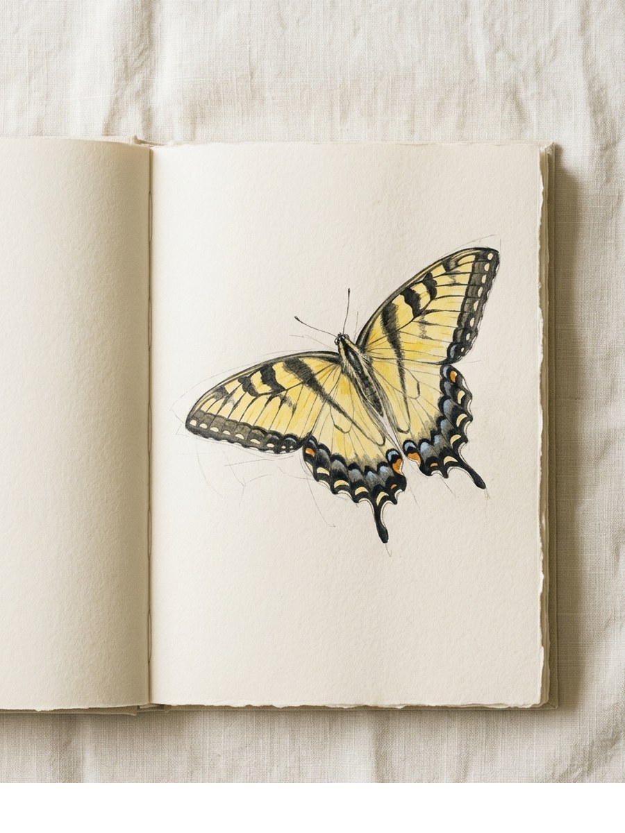 Tiger Swallowtail drawing on cream sketchbook paper