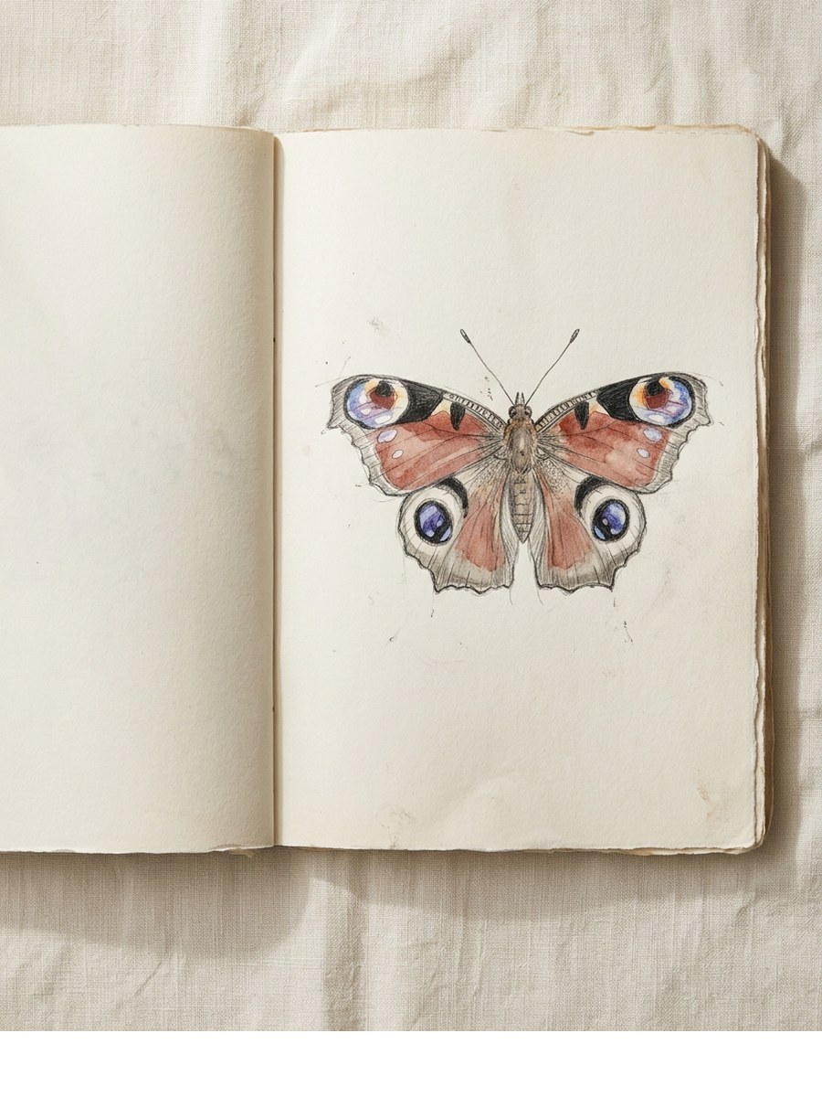 Peacock Butterfly drawing on cream sketchbook paper