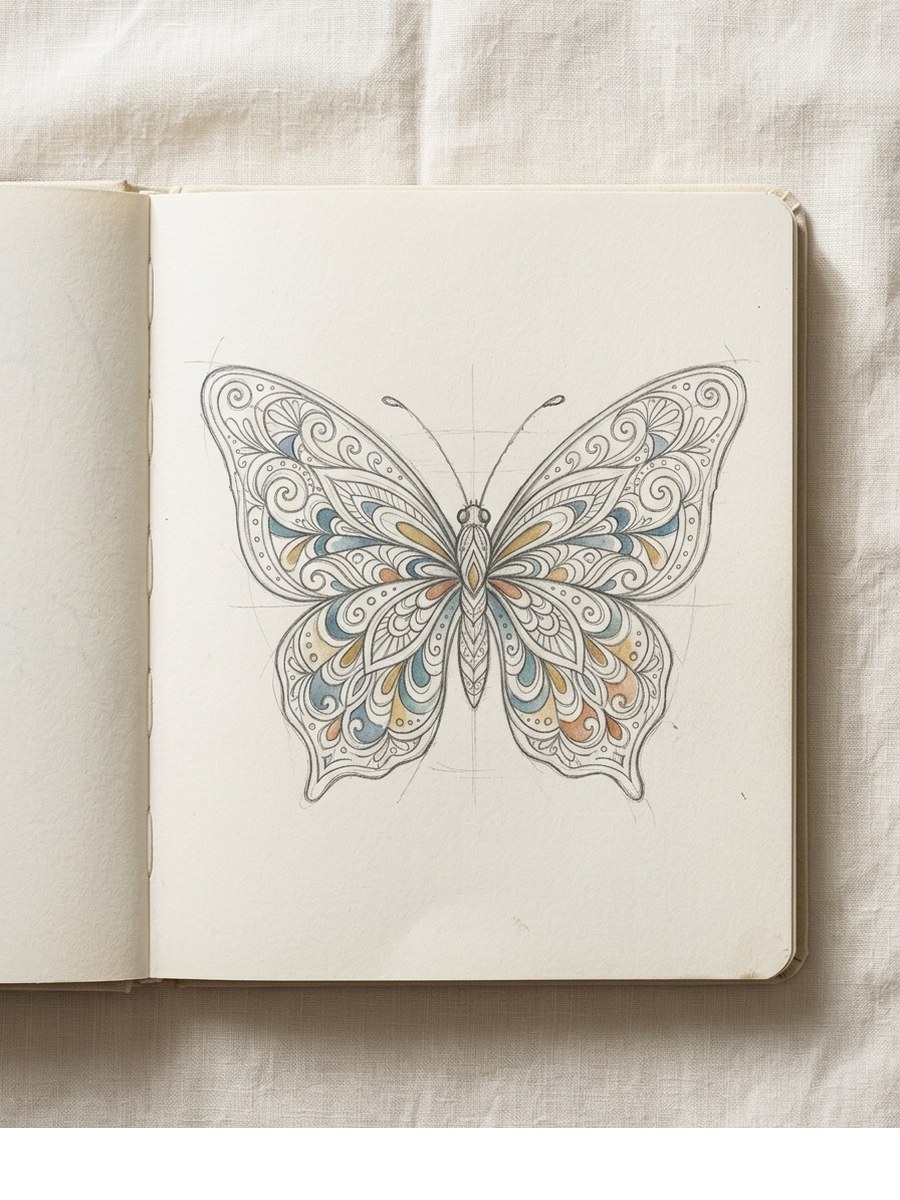 Ornate Decorative drawing on cream sketchbook paper