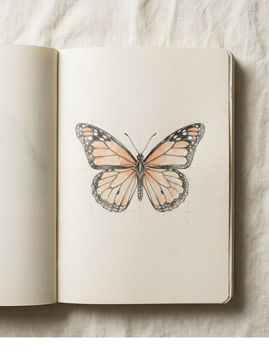 Top View Wings Spread drawing on cream sketchbook paper