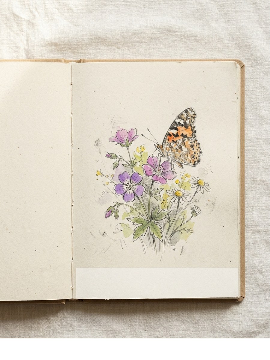 Butterfly with Flowers drawing on cream sketchbook paper