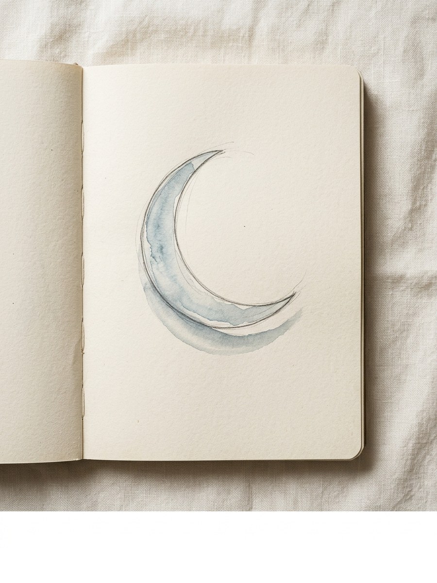 Crescent Moon drawing on cream sketchbook paper