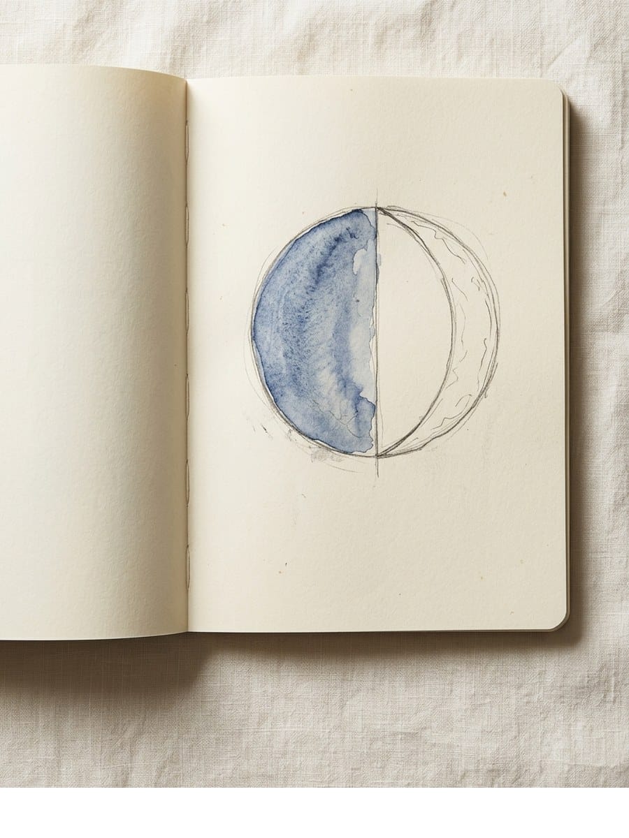 Half Moon drawing on cream sketchbook paper