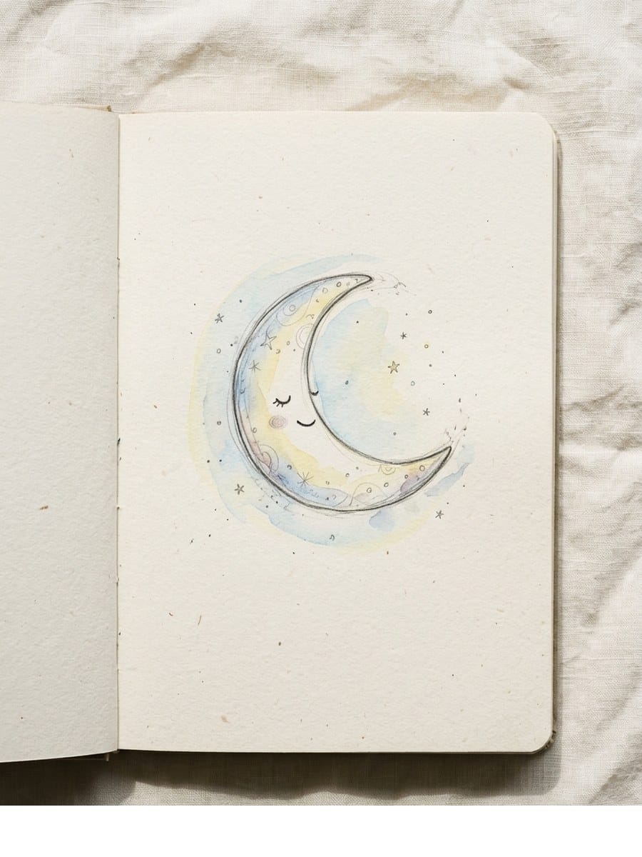 Whimsical Smiling Moon drawing on cream sketchbook paper