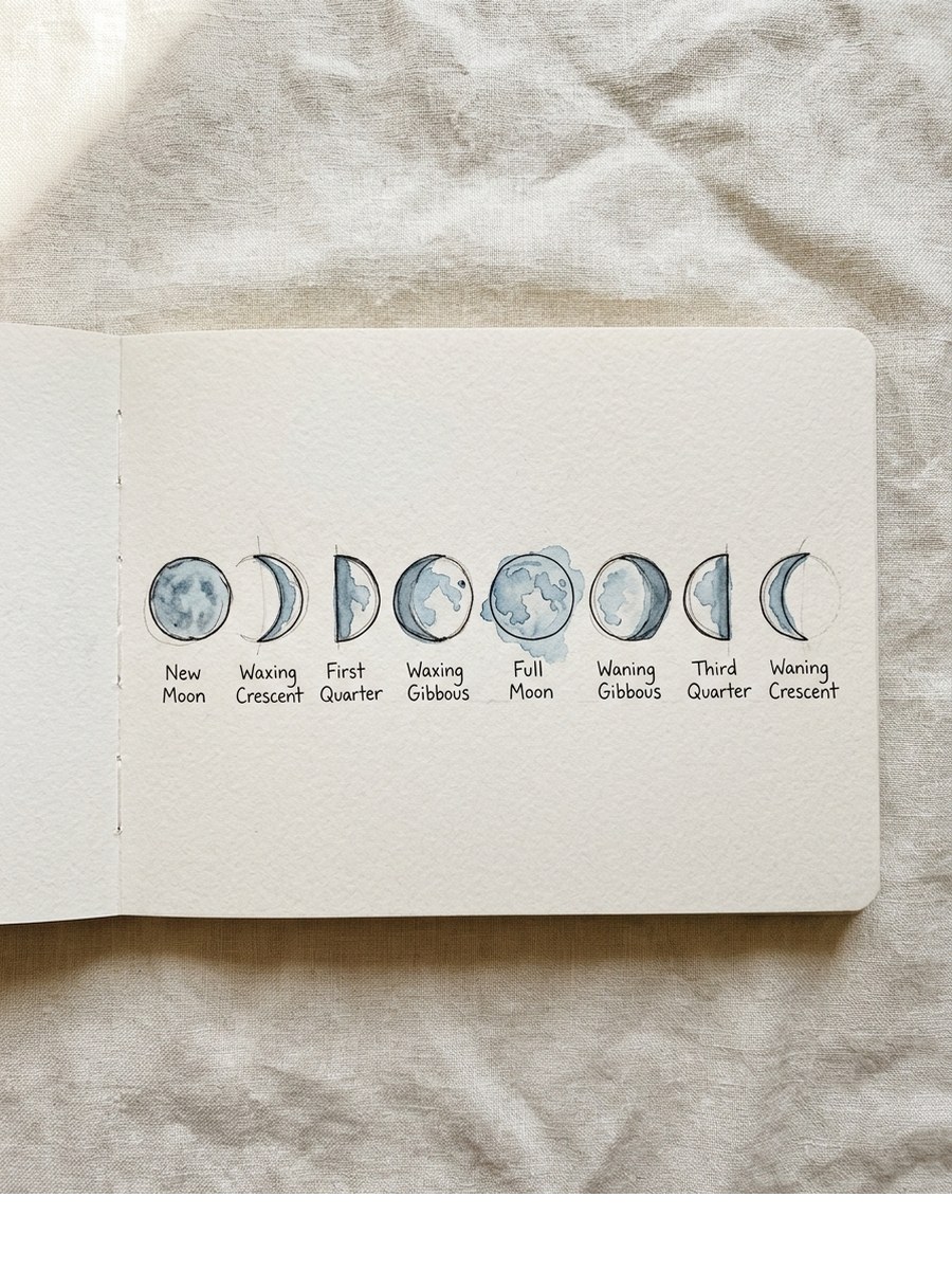Moon Phases Sequence drawing on cream sketchbook paper
