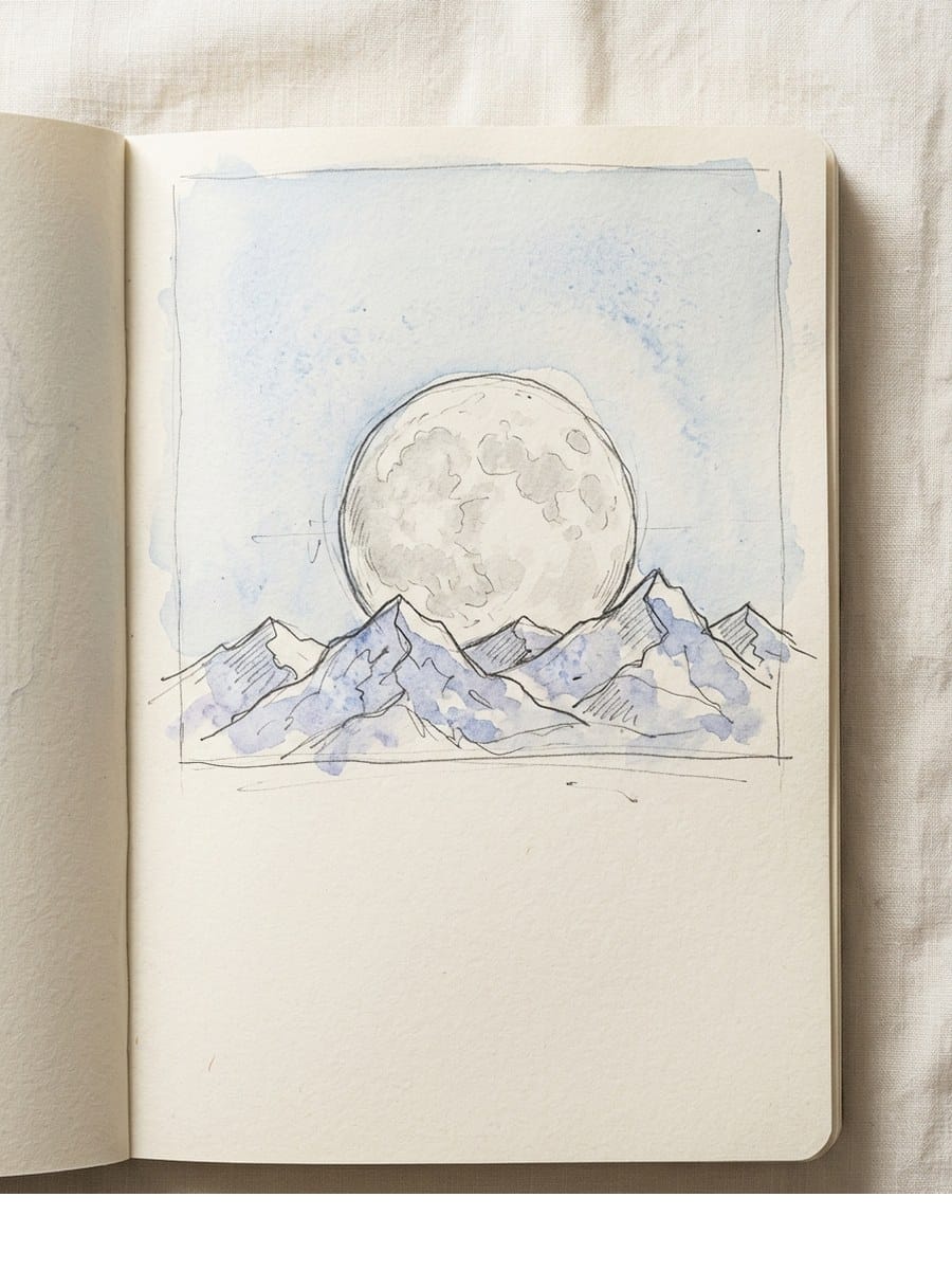 Moon Over Mountains drawing on cream sketchbook paper