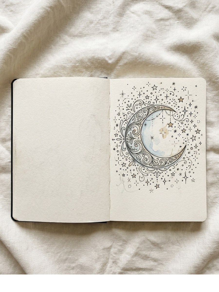 Celestial Moon with Stars drawing on cream sketchbook paper