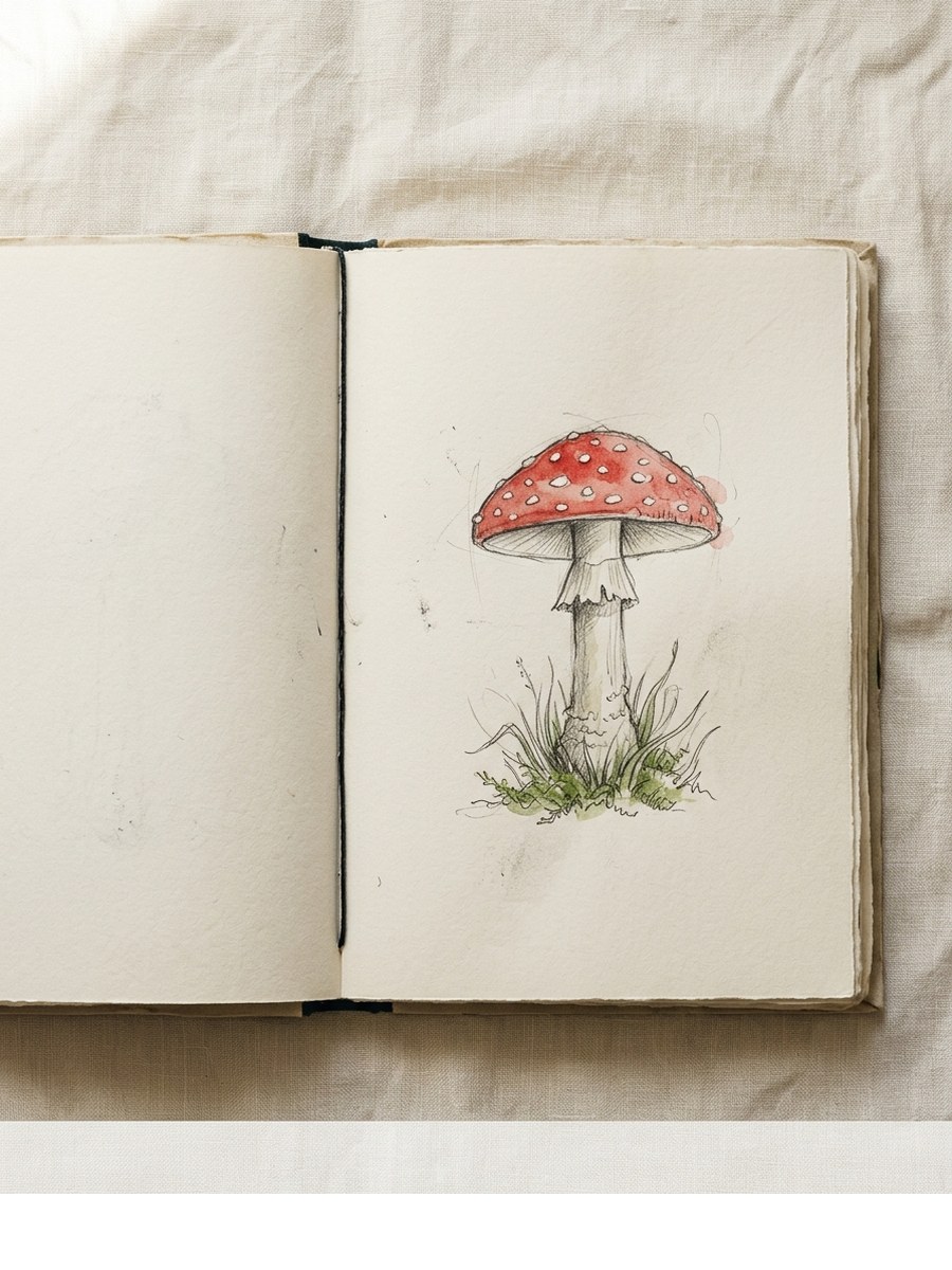 Classic Toadstool drawing on cream sketchbook paper