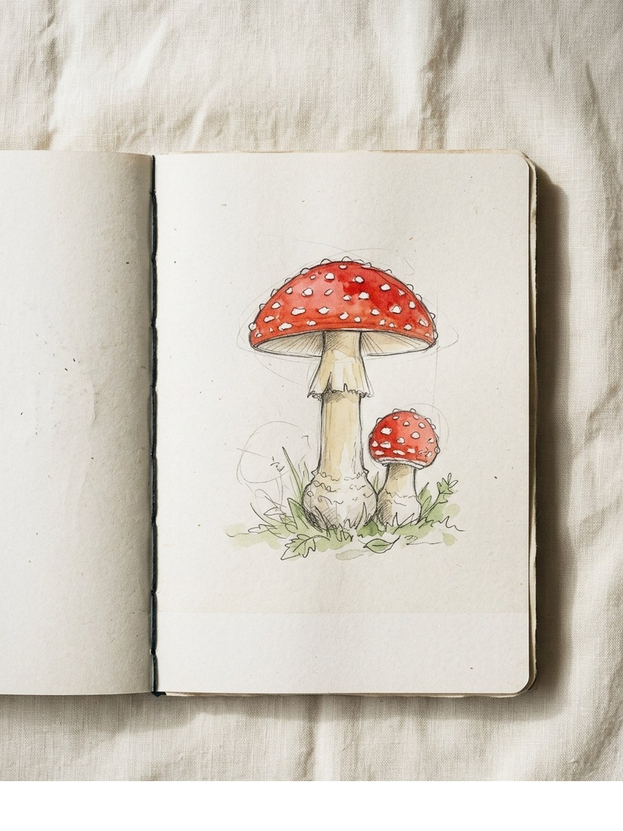 Fly Agaric drawing on cream sketchbook paper
