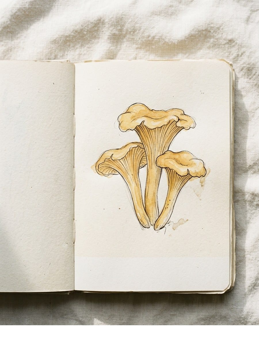 Chanterelle drawing on cream sketchbook paper