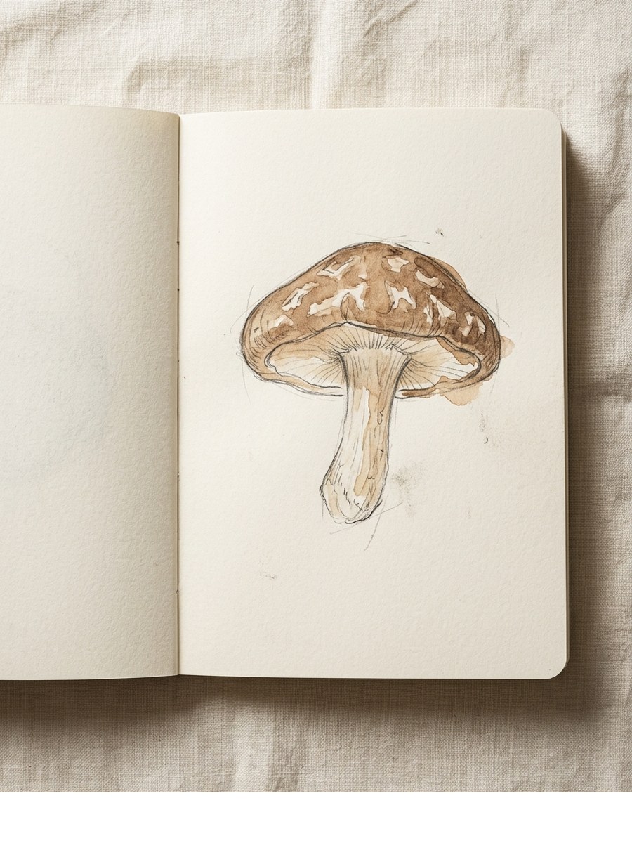 Shiitake drawing on cream sketchbook paper