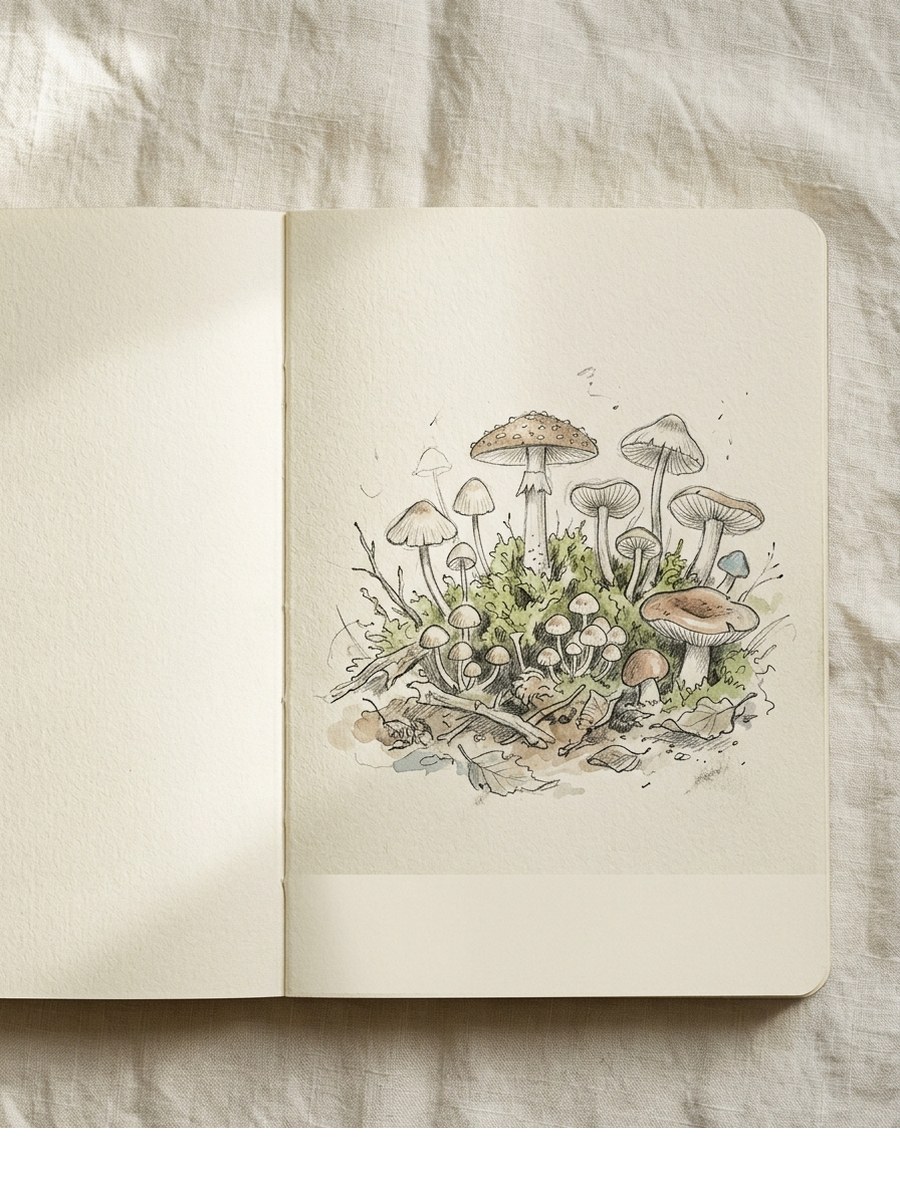 Tiny Forest Cluster drawing on cream sketchbook paper