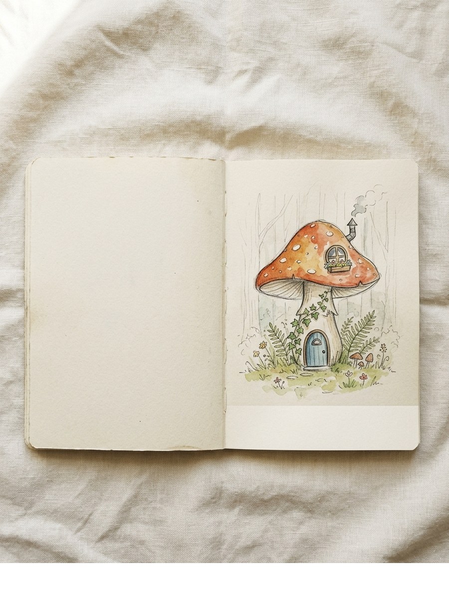 Cottagecore Mushroom House drawing on cream sketchbook paper