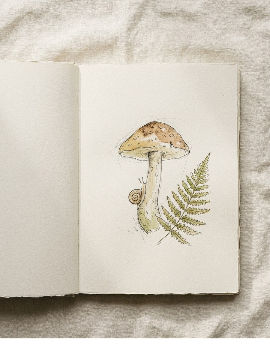Mushroom with Snail drawing on cream sketchbook paper