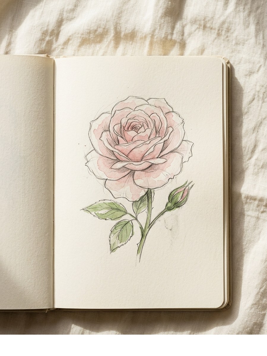 Classic Open Rose drawing on cream sketchbook paper