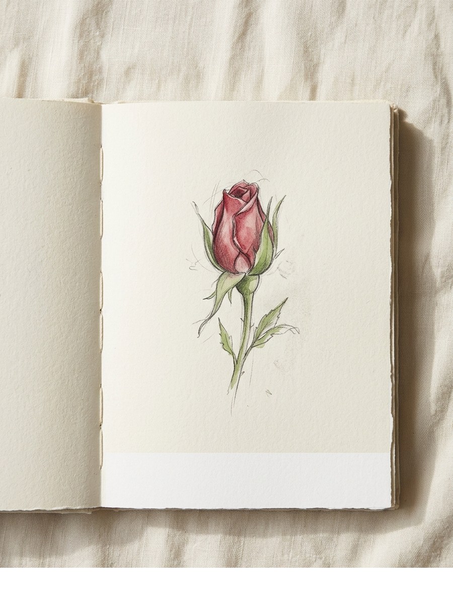 Rosebud drawing on cream sketchbook paper