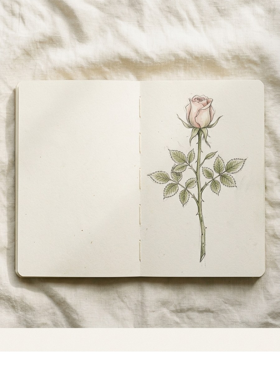 Single Stem with Leaves drawing on cream sketchbook paper
