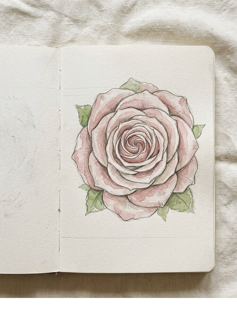 Top View Bloom drawing on cream sketchbook paper