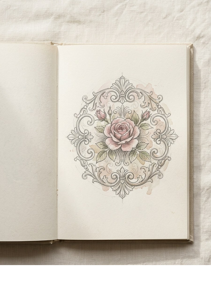 Ornate Decorative drawing on cream sketchbook paper