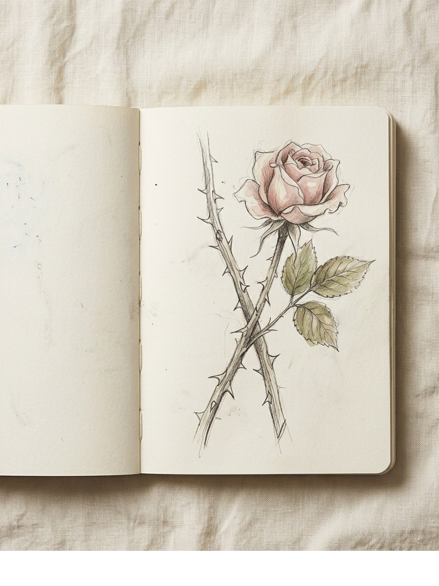 Rose with Thorns drawing on cream sketchbook paper