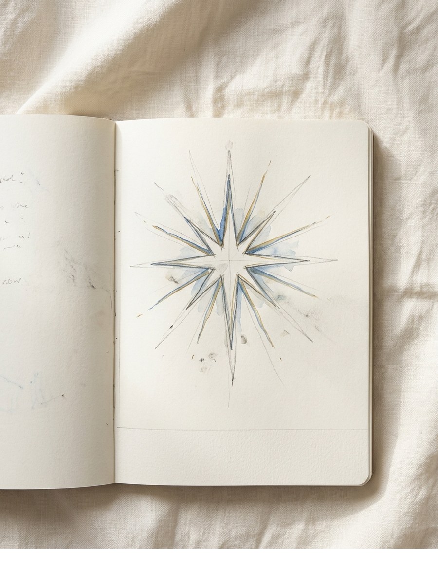 North Star with Rays drawing on cream sketchbook paper
