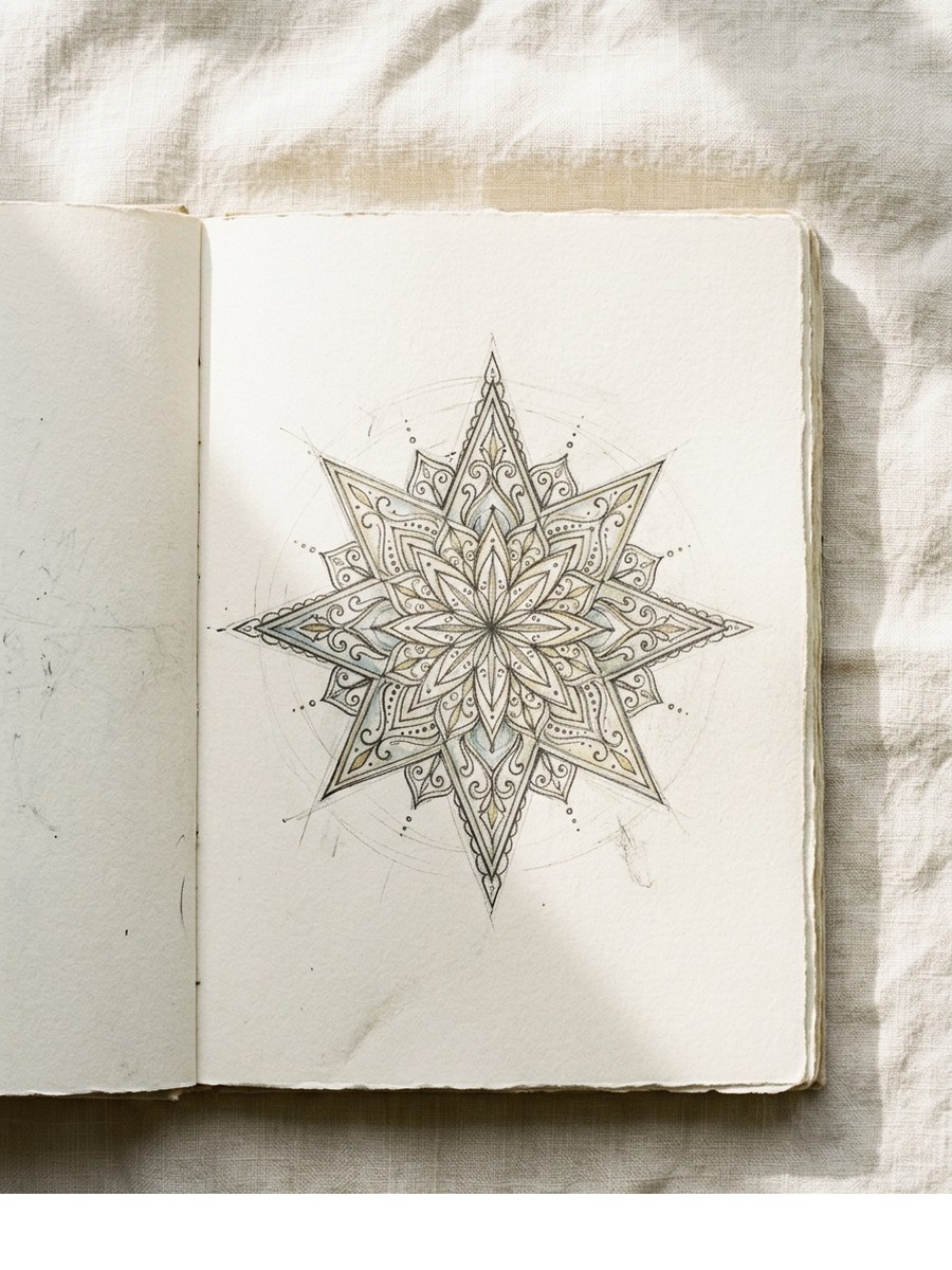 Ornate Decorative Star drawing on cream sketchbook paper