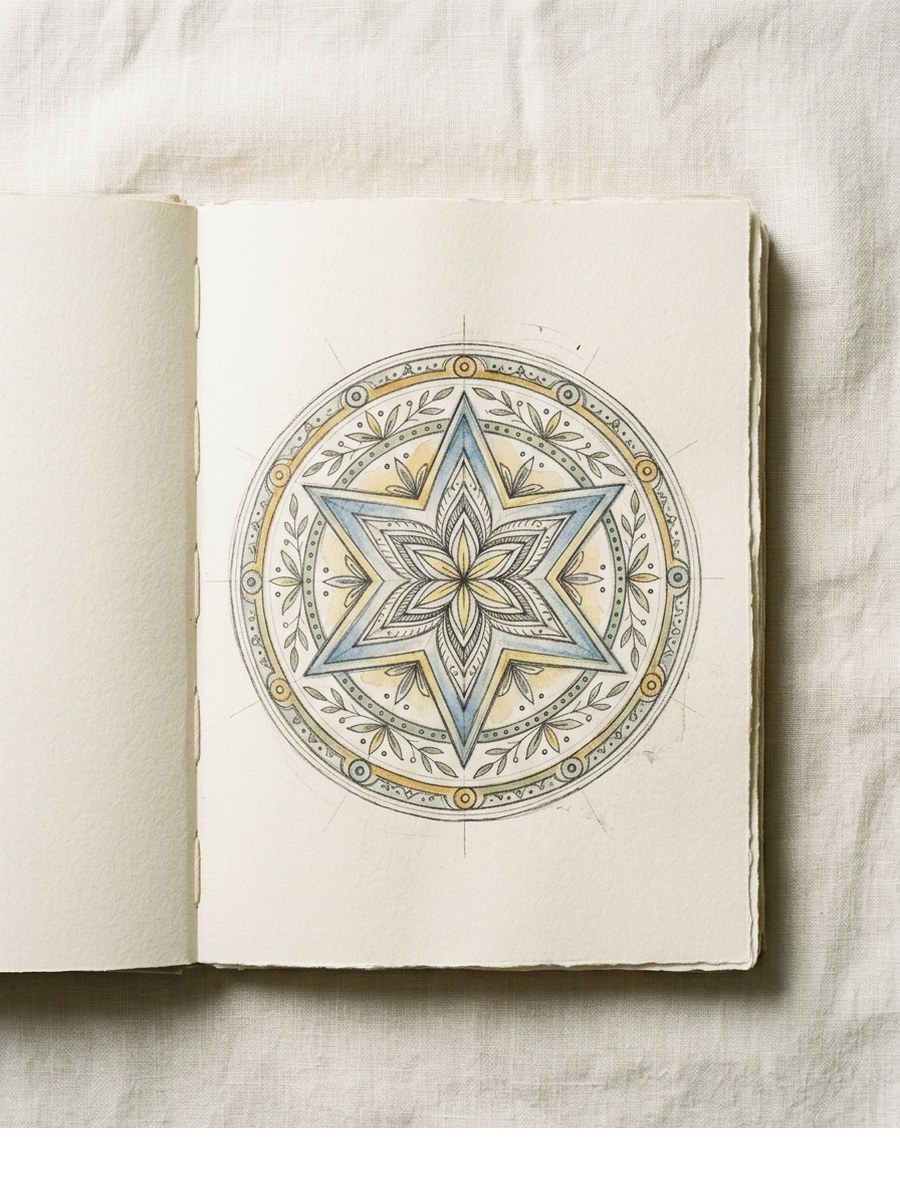 Star within a Mandala drawing on cream sketchbook paper