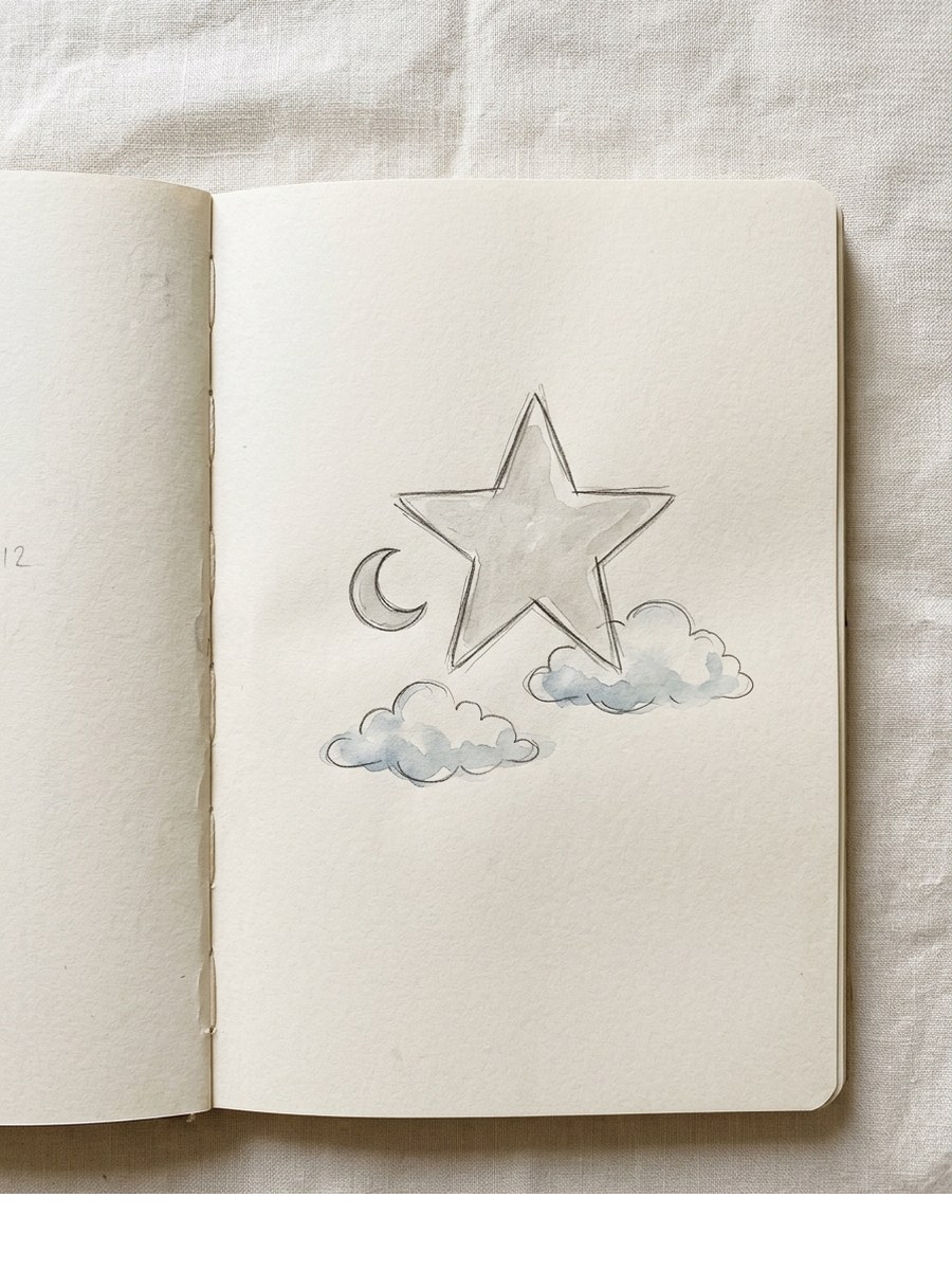 Star with Moon and Clouds drawing on cream sketchbook paper